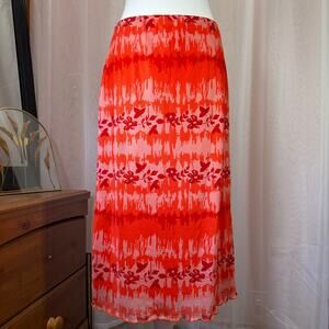 Watercolor Floral Midi Skirt Vibrant Red/Pink Boho Cottagecore Vibe Large